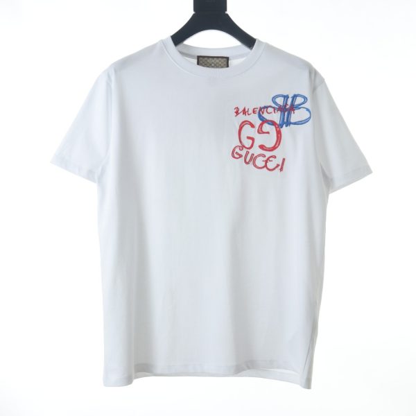 Gucci & Balenciaga joint blue and red embroidered letters short-sleeved T-shirt
