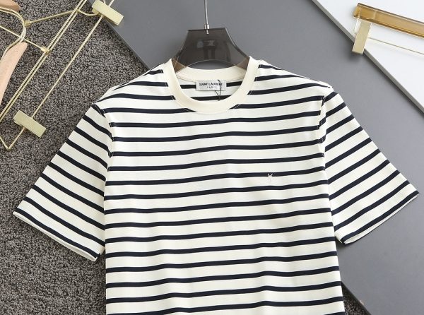 2023 summer round neck new 56032# YSL Saint Laurent men's T-shirt letter embroidery stripes exclusive custom imported cotton fabric - Image 8