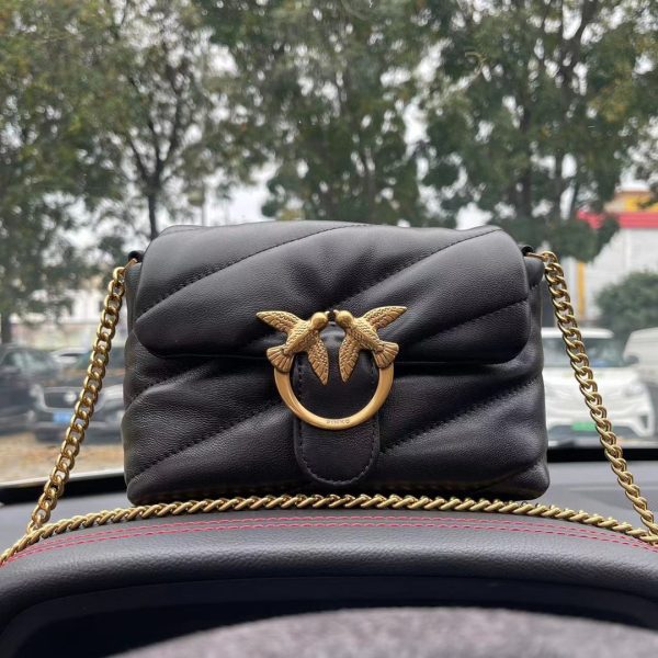 PINKO Ladies Bag Sheepskin Quilted PUFF Small Shoulder Messenger Bird Bag Swallow Bag Black