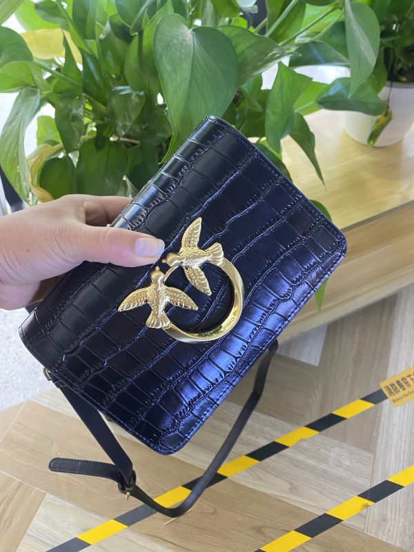 2023 New Pinko Swallow Bag Product High Crocodile Pattern Fashion Women's Bag One Shoulder Messenger Women's Bag Retro Black - Image 3