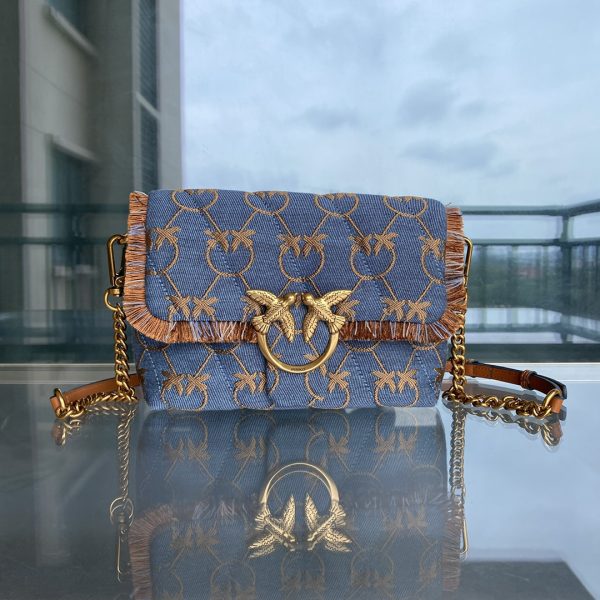 PINKO Swallow Bag Denim Embroidered Underarm Pillow Bag Puff Bag Chain One Shoulder Diagonal Women's Bag