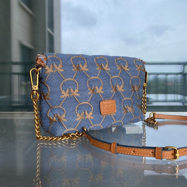 Pinko 2022 New Denim Denim Bag One-Shoulder Diagonal Flying Bird Underarm Bag Canvas Swallow Bag - Image 4