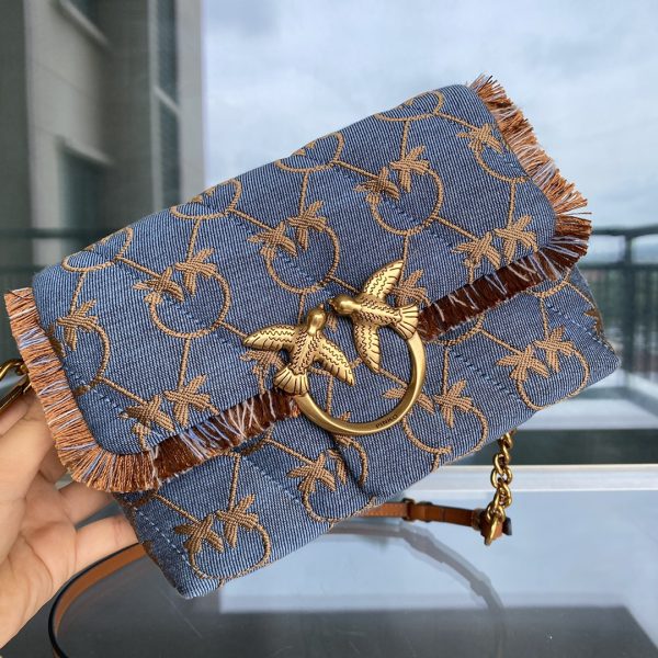 Pinko 2022 New Denim Denim Bag One-Shoulder Diagonal Flying Bird Underarm Bag Canvas Swallow Bag - Image 6