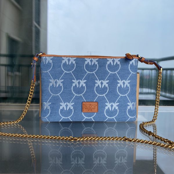 Pinko 2022 New Denim Denim Bag One-Shoulder Diagonal Flying Bird Underarm Bag Canvas Swallow Bag - Image 12