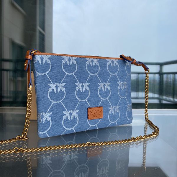Pinko 2022 New Denim Denim Bag One-Shoulder Diagonal Flying Bird Underarm Bag Canvas Swallow Bag - Image 13