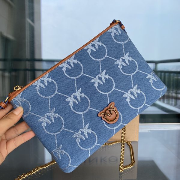 Pinko 2022 New Denim Denim Bag One-Shoulder Diagonal Flying Bird Underarm Bag Canvas Swallow Bag - Image 15