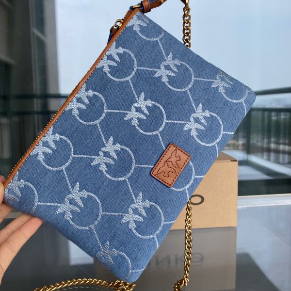 Pinko 2022 New Denim Denim Bag One-Shoulder Diagonal Flying Bird Underarm Bag Canvas Swallow Bag - Image 16