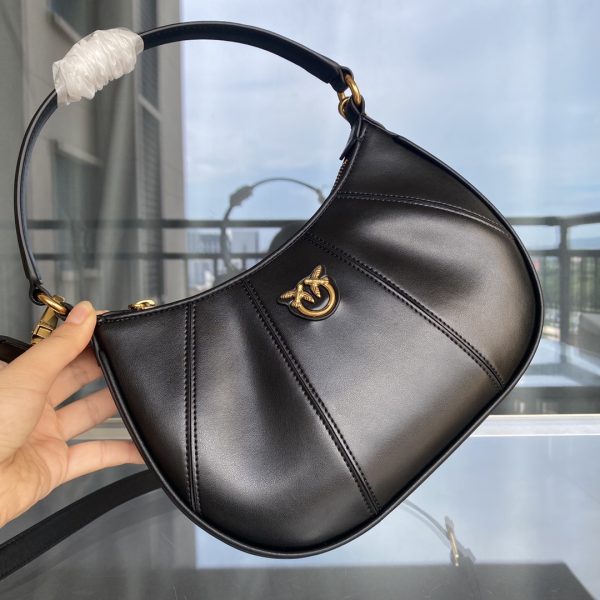 PINKO Swallow Bag Genuine Leather Women's Bag 2022 Spring and Summer New Leather Underarm Bag Half-Moon Single Shoulder Diagonal Handbag Black - Image 6