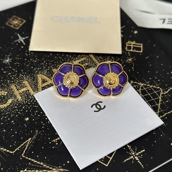 Chanel purple camellia letter stud earrings jewelry