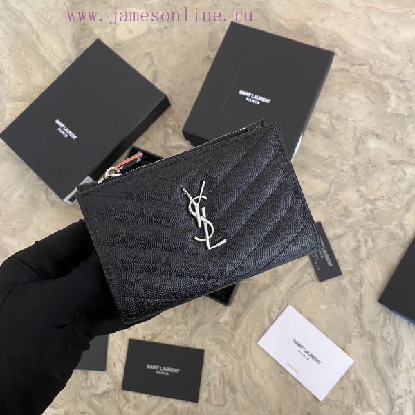 YSL small two-piece wallet, adorned with YSL metal logo and quilted surface stitching, four 5j9h506o