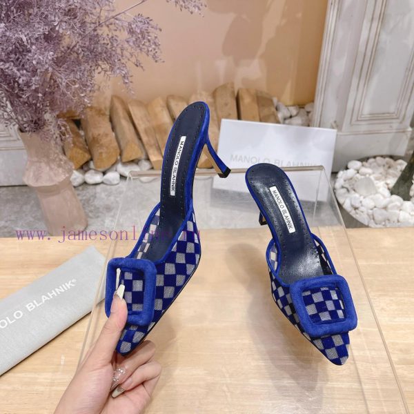 ? MANOLO BLAHNlK 2024 New Mb Fashion Little Women's High Heels Checkered Cloth Mill Slippertp7roq06 - Image 3