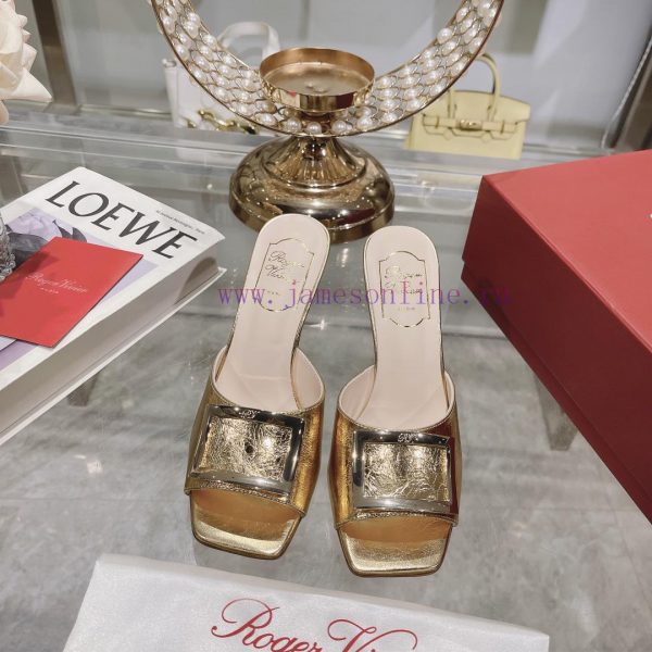 Roger Vivier RV open toed metal square buckle high-heeled slippers with cooldown, new RV ear5lco7cew