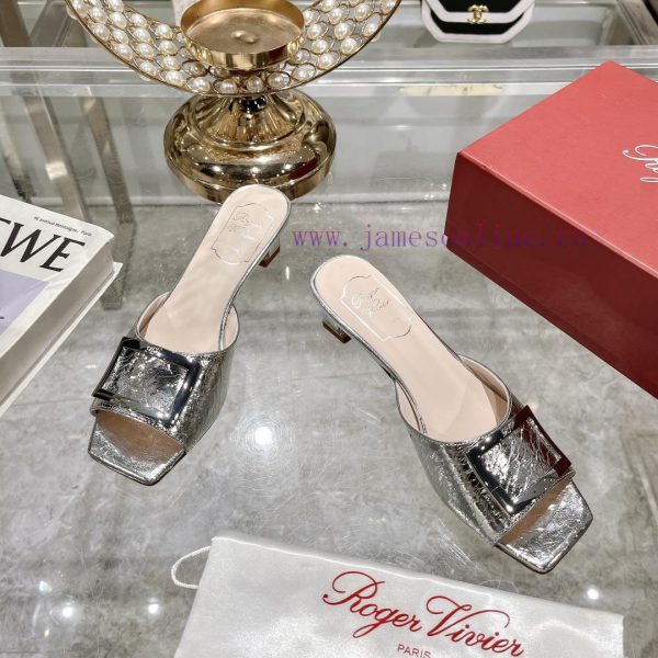 Roger Vivier RV open toed metal square buckle high-heeled slippers for cooldown, new RV earlbz1bnyk7 - Image 3
