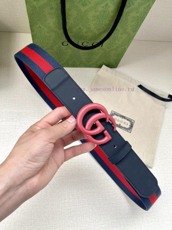 Width 4.0cm GUCCI classic canvas woven belt with woven leather edges and double G-buckles, p i3xseme7