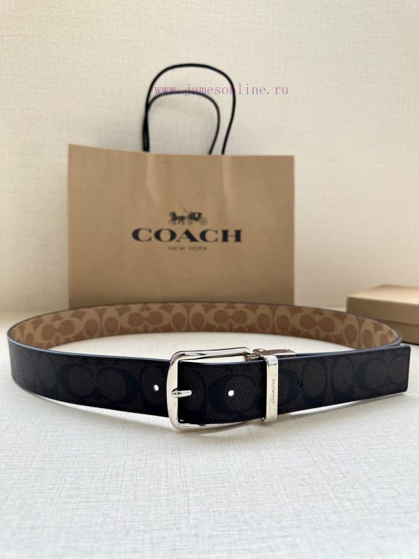The 3.7cm wide COACH double-sided waist belt is made of one side of black/khaki fabric and c de1ry6ir - Image 4