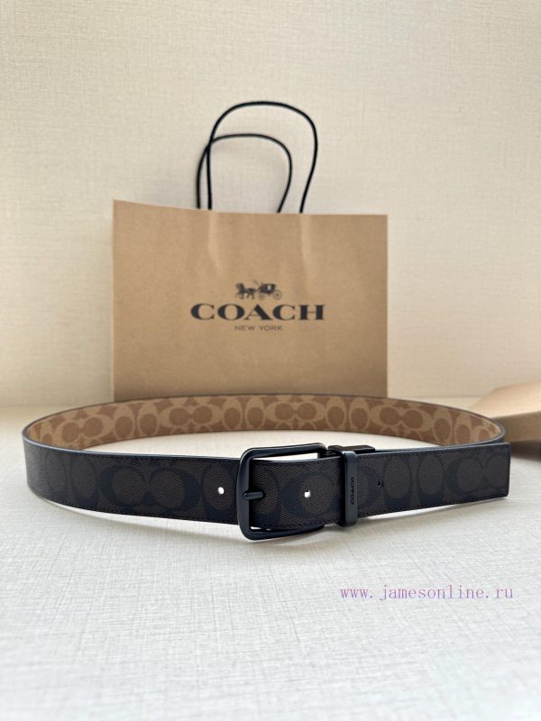 The 3.7cm wide COACH double-sided waist belt is made of one side of black/khaki fabric and c mevg332g - Image 5