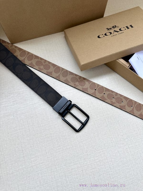The 3.7cm wide COACH double-sided waist belt is made of one side of black/khaki fabric and c mevg332g - Image 6
