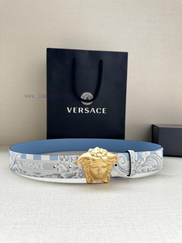 Width 4.0cm Versace leather belt with three-dimensional La Medusa double-sided buckle strap. dosljdbl
