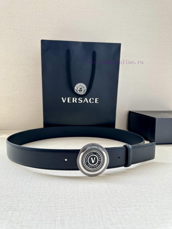3.8cm Width Versace JEANS COUPURE Leather V-EMBLEM Buckle Belt with La Greca accents for a p zr3iw1vl
