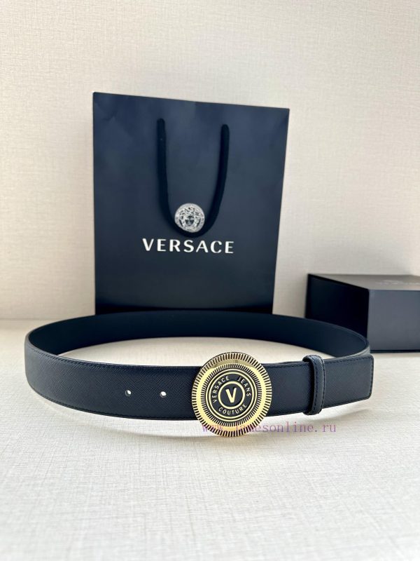 3.8cm Width Versace JEANS COUPURE Leather V-EMBLEM Buckle Belt with La Greca accents for a p 2gd8z9hq