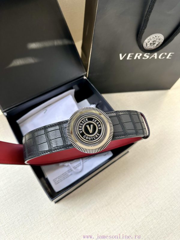 3.8cm Width Versace JEANS COUPURE Leather V-EMBLEM Buckle Belt with La Greca accents for a p y3aeara7 - Image 7