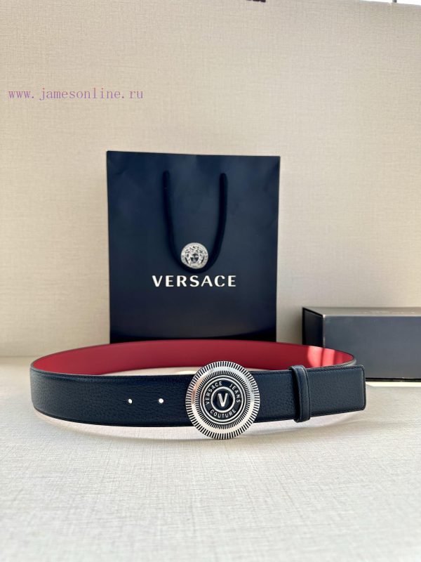 3.8cm Width Versace JEANS COUPURE Leather V-EMBLEM Buckle Belt with La Greca accents for a p rg105qef